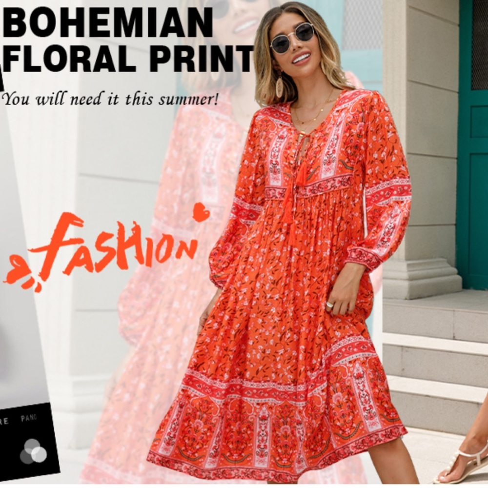 Boho Floral Print Tassel Midi  Dress